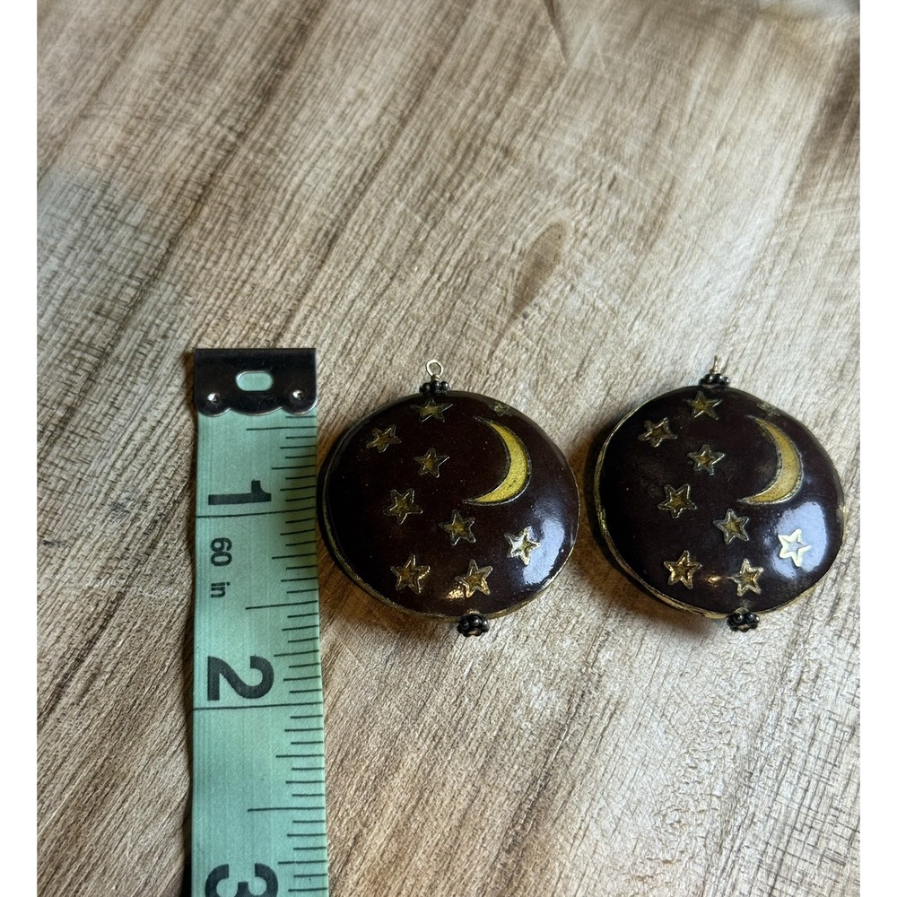 Vintage Cloisonné Crescent Moon‎ & Stars Puff Pendants Gold Outline Celestial - Picture 2 of 3